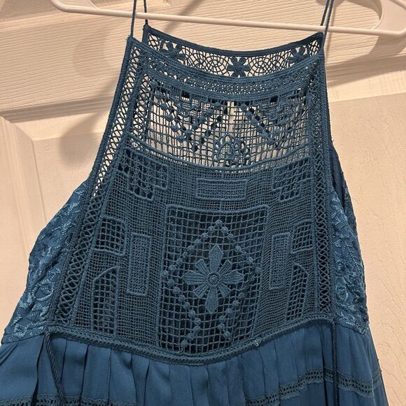 FREE PEOPLE Womens Lace Teal Blue Emily Mini Dress Large Beachy Boho Festival - Picture 4 of 11